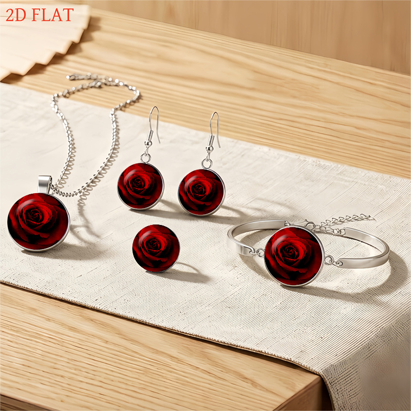 Red Rose-Themed Women's Necklace, Earrings, Brooch, Bracelet Set